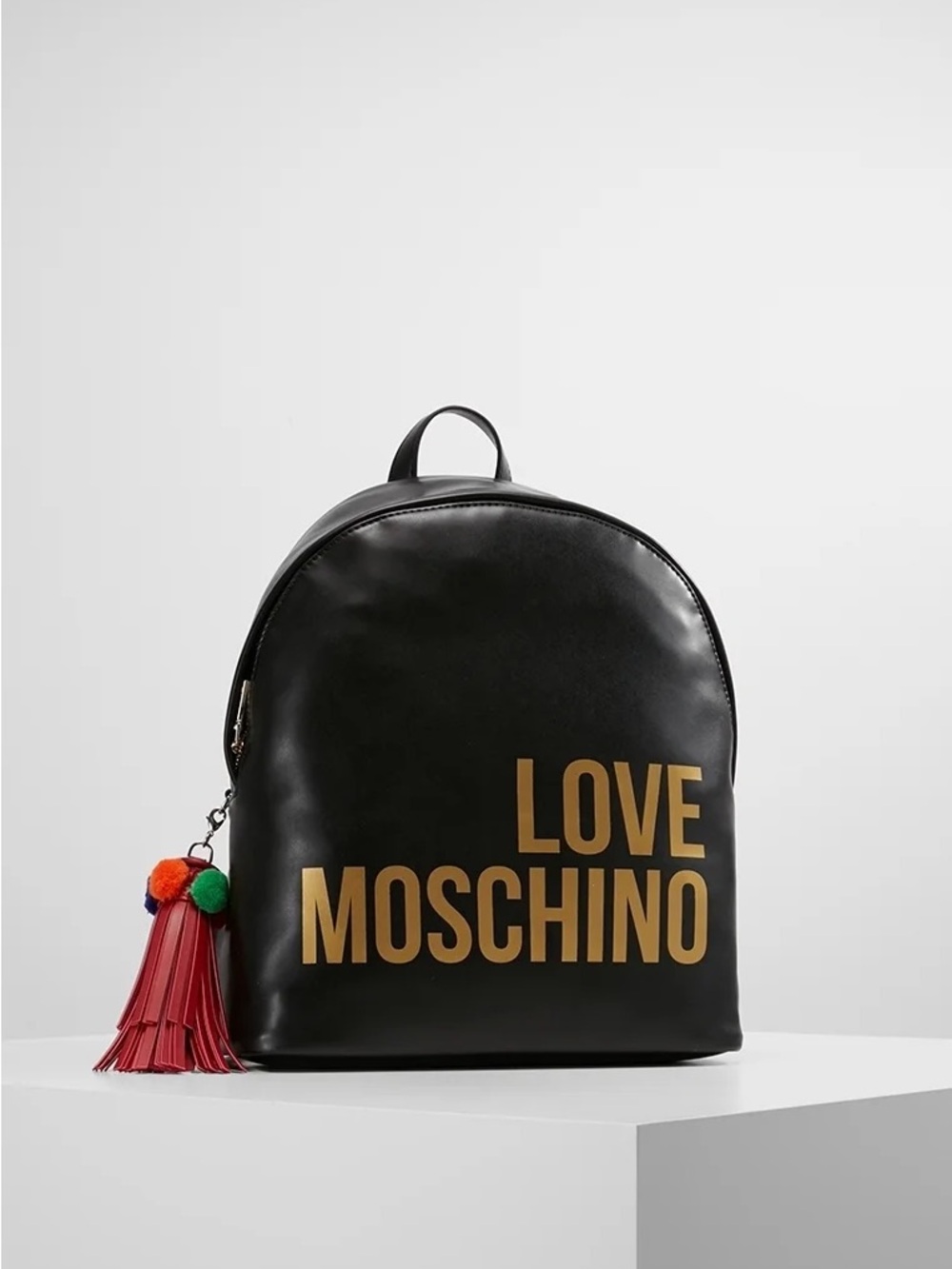 Love Moschino Black Backpack with Gold Logo and Red Tassel